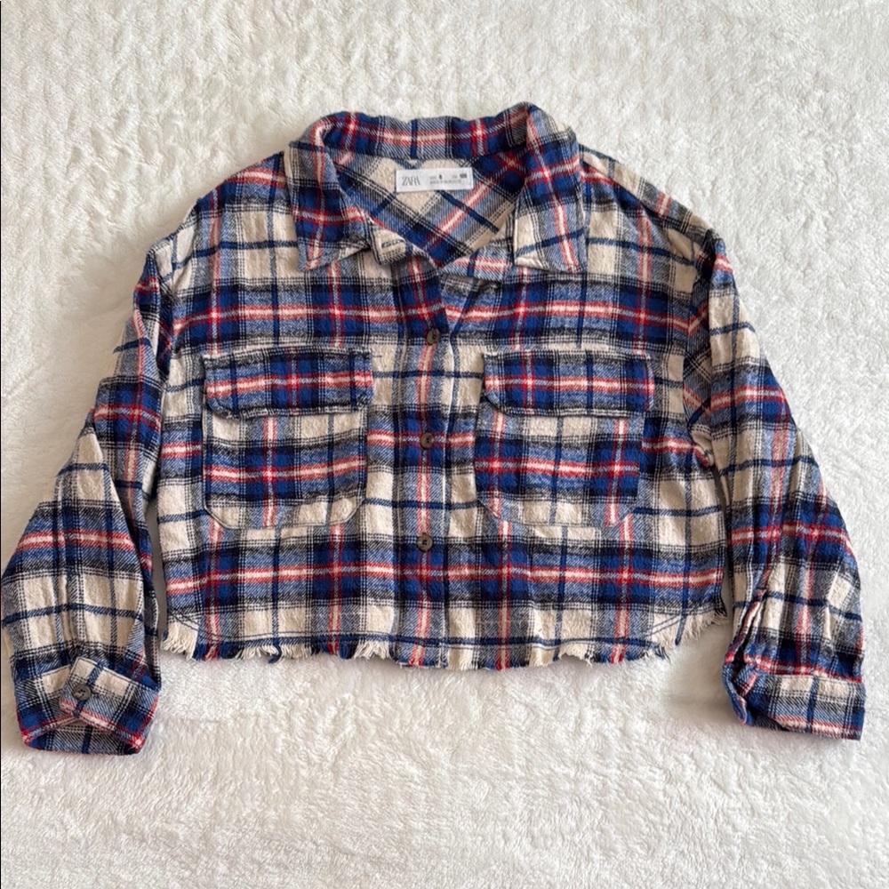 Zara Blue and Red Cropped Plaid Button-Up Shirt